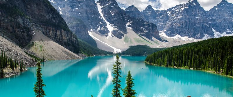 Moraine Lake, Snow covered, Canada, Valley of the Ten Peaks, Banff National Park, Glacier mountains, Green Trees, Reflection, Blue Water, Daytime, Landscape, Scenery