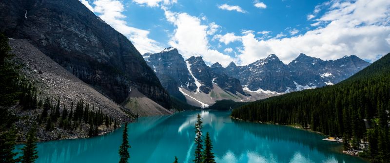 Moraine Lake, Canada, Alberta, Valley of the Ten Peaks, Banff National Park, Glacier mountains, Green Trees, Reflection, Blue Water, Blue Sky, Daytime, Landscape, Scenery, White Clouds
