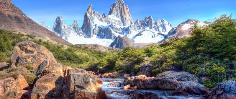 Fitz Roy, Patagonia, Glacier mountains, Snow covered, Argentina, Picturesque, River Stream, Rocks, Blue Sky, Mountain Peaks, Sunny day, Landscape, Scenery, 5K