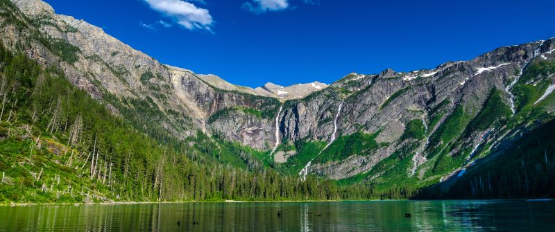 Avalanche Lake, Montana, USA, Glacier National Park, Landscape, Mountain range, Clear sky, Blue Sky, Scenery, Reflection, Green Trees, HDR