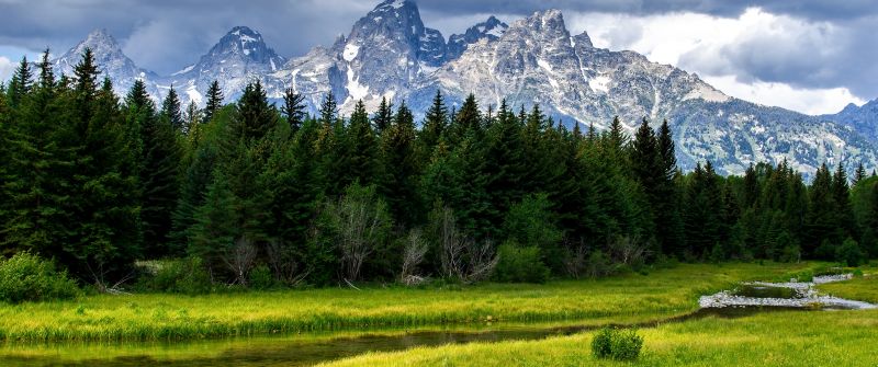 Grand Teton National Park, Green Meadow, Wyoming, Landscape, Water Stream, Forest, Green Trees, Glacier mountains, Snow covered, Mountain range, Thick Clouds, Scenery
