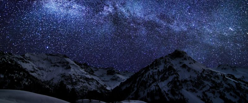 Glacier mountains, Milky Way, Snow covered, Night time, Landscape, Galaxy, Stars, Long exposure, Astronomy, Digital composition