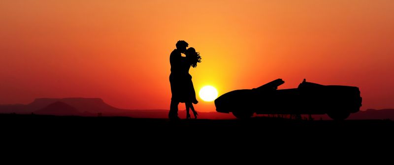 Couple, Car, Romantic kiss, Sunset, Silhouette, Together