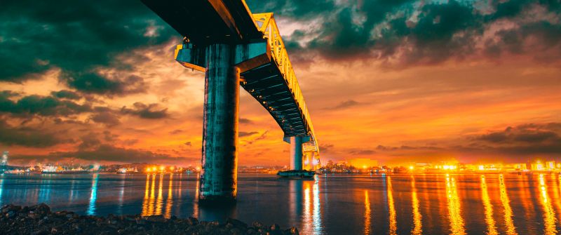 Sergio Osmeña Bridge, Philippines, Mactan-Mandaue Bridge, Sunset, City lights, Dusk, Body of Water, Reflection, Cloudy Sky, 5K