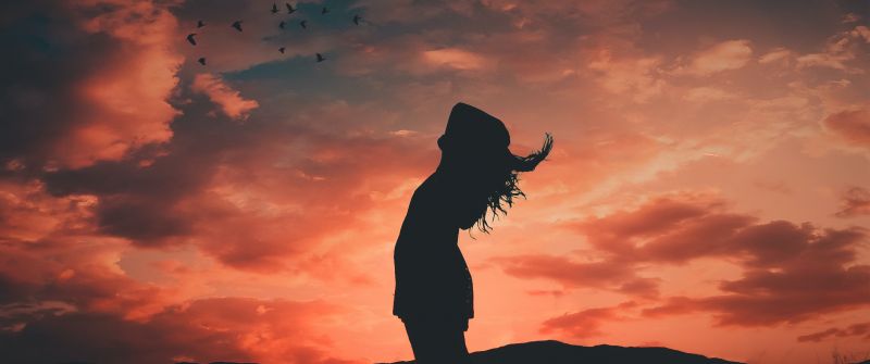 Girl, Evening sky, Silhouette, Crescent Moon, Dusk, Mood