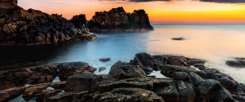 Rocky coast, Sunset Orange, Rock formations, Seascape, Ocean, Horizon, 5K