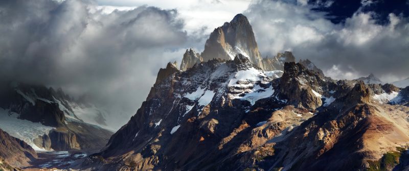 Fitz Roy, Mountain Peak, Patagonia, Argentina, Glacier mountains, Snow covered, Landscape, Cloudy Sky, Lake, Valley, 5K