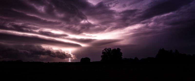 Lightning Strike, Thunderstorm, Stormy Clouds, Silhouette, Purple sky, Landscape, Long exposure, Sunset, Natural Phenomena