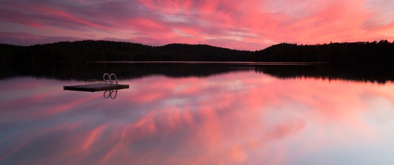 Mirror Lake, Pink sky, Silhouette, Reflection, Landscape, Scenery, Sunset