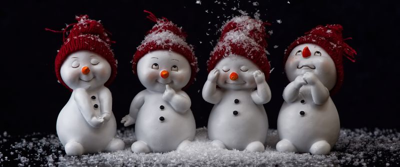 Snowman, Figures, Christmas decoration, Black background, Cute expressions, Cute Christmas, Navidad, Noel