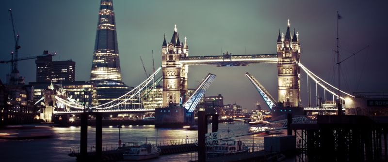 Tower Bridge, London, United Kingdom, Cityscape, City lights, Night time, Skyscrapers, Landmark, Famous Place, The Shard, Body of Water, England