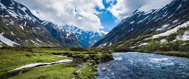 Valley, Glacier mountains, Snow covered, Landscape, Water Stream, Scenery, White Clouds, River