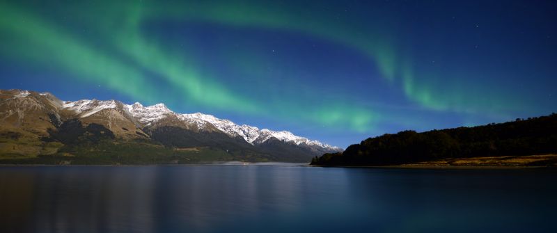 Lake Wakatipu, Aurora Borealis, New Zealand, Glacier mountains, Snow covered, Long exposure, Mountain range, Astronomy, Landscape, Scenery, Dawn, Night time