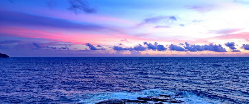 Promthep Cape, Phuket, Thailand, Seascape, Rocky coast, Sunset, Horizon, Cloudy Sky, Scenery, Horizon, Tourist attraction