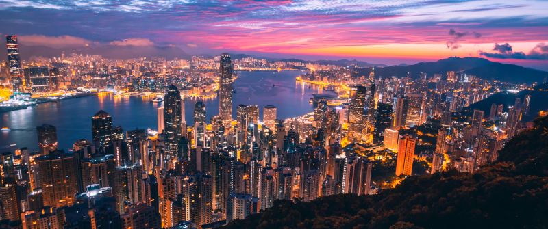 Hong Kong, Cityscape, Night, City lights, Metropolitan, Twilight, Skyline, Aerial view, 5K