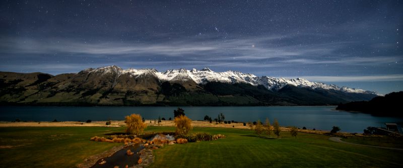 Lake Wakatipu, Night time, Queenstown, New Zealand, Glacier mountains, Mountain range, Snow covered, Astronomy, Starry sky, Landscape