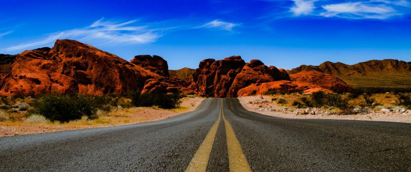 Valley of Fire State Park, Nevada, United States, Endless Road, Rock formations, Blue Sky, Clear sky, Red rocks, Western