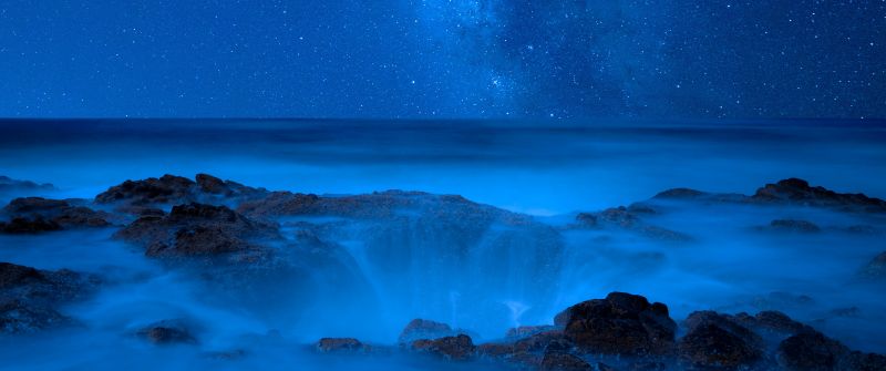 Thor's Well, Oregon, USA, Seascape, Blue Sky, Night time, Milky Way, Horizon, Galaxy, Starry sky, Ocean blue, Tourist attraction, Astronomy, Outer space, 5K