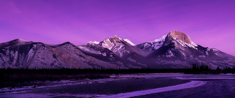 Jasper National Park, Purple aesthetic, Alberta, Canada, Morning glow, Purple sky, Rocky Mountains, Landscape, Long exposure, Mountain range, Scenery, 5K