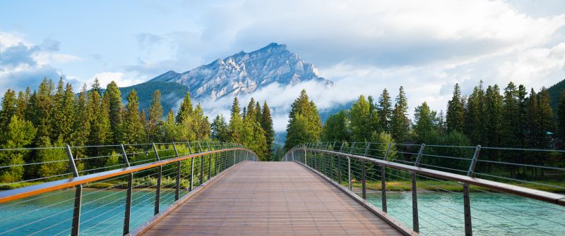 Wooden bridge, Banff National Park, Green Trees, Mountain Peak, Cloudy Sky, Landscape, Scenery, River, Rocky Mountains, 5K, 8K