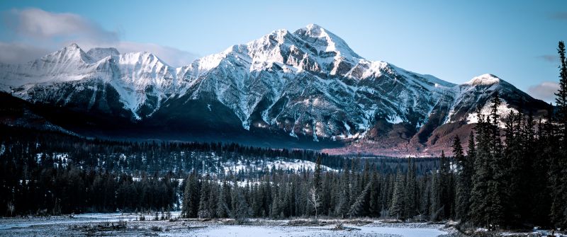 Jasper National Park, 8K, Alberta, Canada, Winter, Glacier mountains, Rocky Mountains, Mountain range, Blue Sky, Landscape, Scenery, Snow covered, 5K