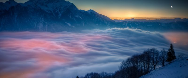 Above clouds, Scenic, Mountains, Peak, Sunrise, Moon, Winter, Cold
