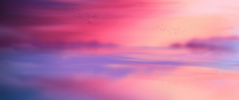 Pink sky, Horizon, Scenic, Flying birds, Seascape, Sunset, Aesthetic, 5K, 8K