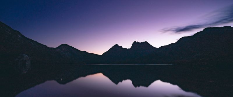 Cradle Mountain, Australia, Silhouette, Night time, Lake, Reflection, Purple sky, Landscape, Scenery, 5K