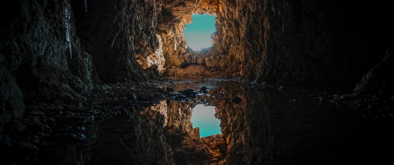 Cave, Tunnel, Reflection, Water, Symmetrical, Rock formations, Inside, Blue Sky