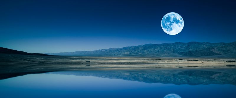 Full moon, Night time, Lake, Body of Water, Reflection, Landscape, Scenery, Sunset, Dusk, Clear sky, 5K, 8K