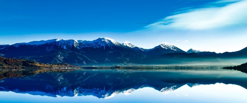 Glacier mountains, Lake, Sunrise, Blue Sky, Reflection, Mountain range, Snow covered, Clear sky, Landscape, Scenery, Fog, Early Morning, 5K, 8K
