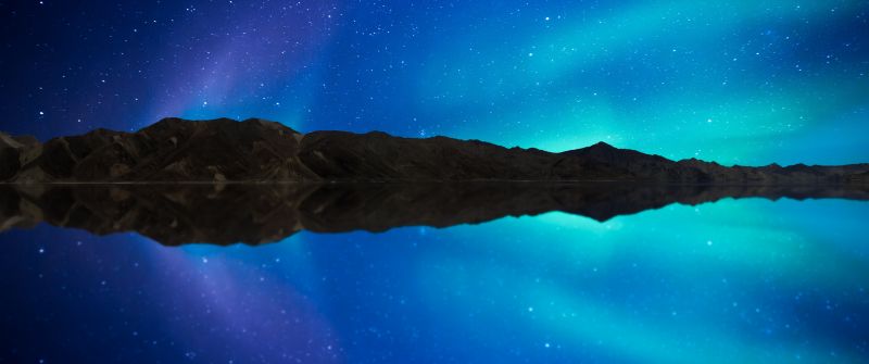 Mountain range, Silhouette, Mirror Lake, Blue Sky, Reflection, Outer space, Starry sky, Astronomy, Blue background, Landscape, Scenery, 5K, 8K