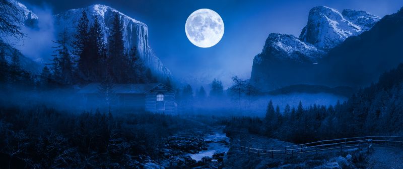 Twilight Moon, Night time, Landscape, Forest, Wooden House, Adventure, Camping, Water Stream, Mountain, 5K, 8K