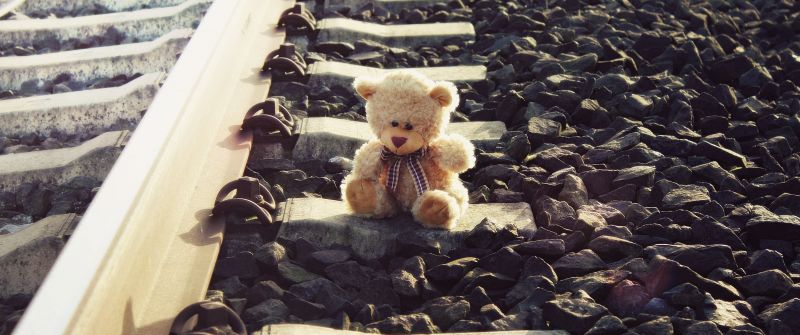 Teddy bear, Brown aesthetic, Railway track, Pattern, Stones, Lonely, Cute toy