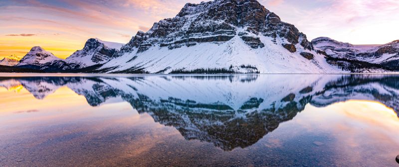 Bow Lake, Crowfoot Mountain, Canada, Banff National Park, Canadian Rockies, Glacier mountains, Mountain range, Landscape, Reflection, Scenery, Summit, Evening sky, Snow covered, 5K