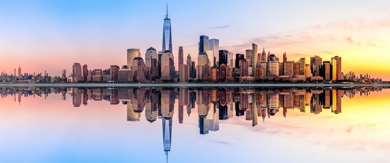 New York City, Panorama, Skyline, Sunset, Skyscrapers, Reflection, Cityscape, Digital composition, Aesthetic, 5K