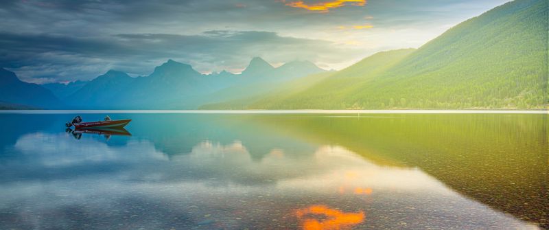 Lake McDonald, Glacier National Park, Montana, Sunrise, Golden hour, Mountain range, Body of Water, Reflection, Cloudy Sky, Landscape, 5K