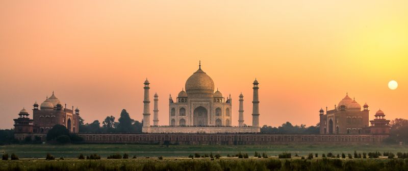 Taj Mahal, India, Sunset, Orange sky, Wonders of the World, Landscape, Landmark, Famous Place, Tourist attraction, Ancient architecture, 5K