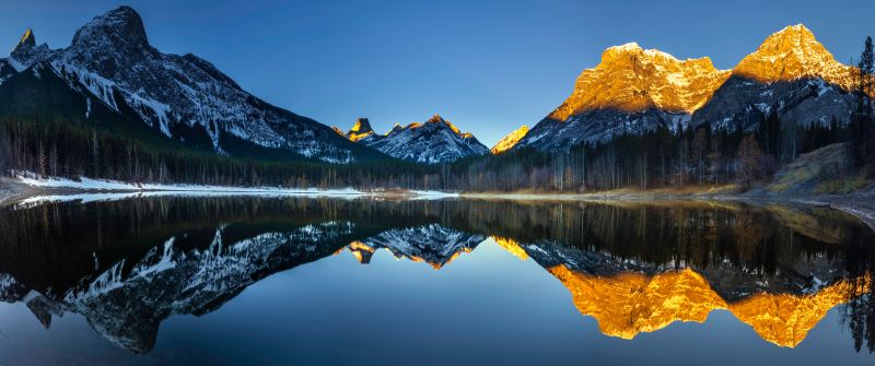 Wedge Pond, Banff National Park, Alberta, Canada, Clear sky, Sunrise, Alpenglow, First light, Landscape, Scenery, Reflection, 5K