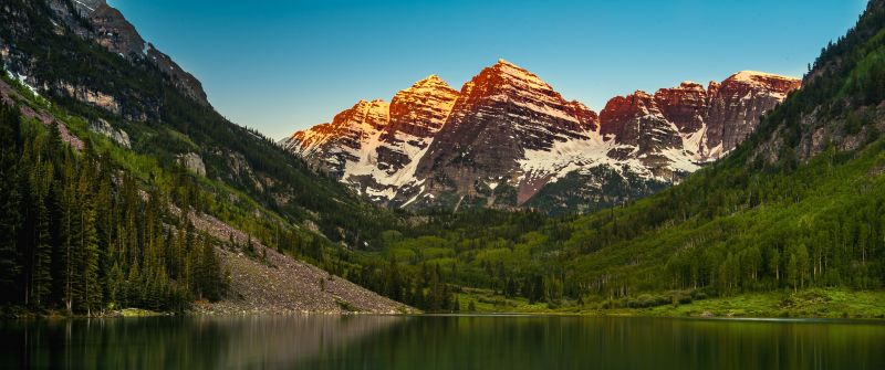 Maroon Bells, Elk Mountains, Colorado, United States, Maroon Lake, Alpenglow, Glacier mountains, Landscape, Scenery, Reflection, Blue Sky, Clear sky, 5K
