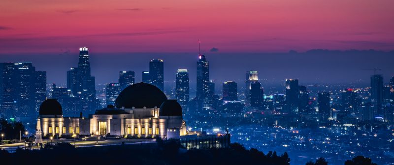 Griffith Observatory, Los Angeles, California, Sunrise, Pink sky, Dawn, Cityscape, City lights, Skyline, Skyscrapers, 5K