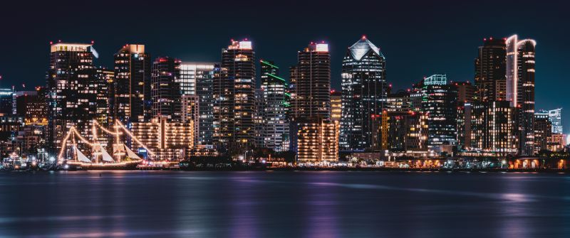 San Diego City, Cityscape, City lights, Night time, Skyline, Body of Water, Long exposure, Reflection, Skyscrapers, 5K