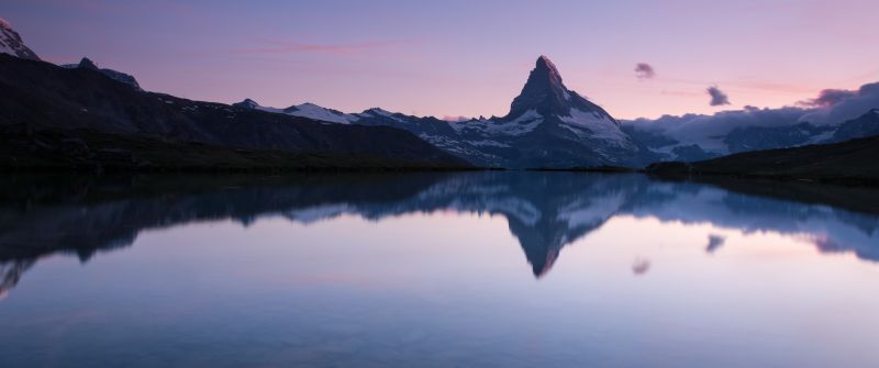 Matterhorn, Stellisee, Switzerland, Lake, Reflection, Evening sky, Landscape, Scenery, Clear sky, Swiss Alps, Clouds, Mountain Peak, 5K