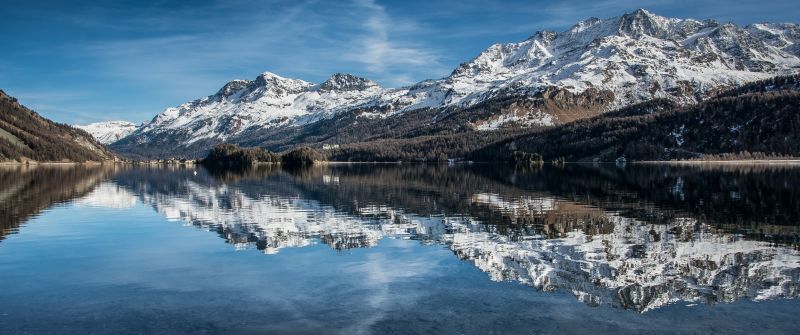 Piz Corvatsch, Switzerland, Swiss Alps, Glacier mountains, Snow covered, Lake Sils, Reflection, Daytime, Landscape, Scenery, Blue Sky, 5K