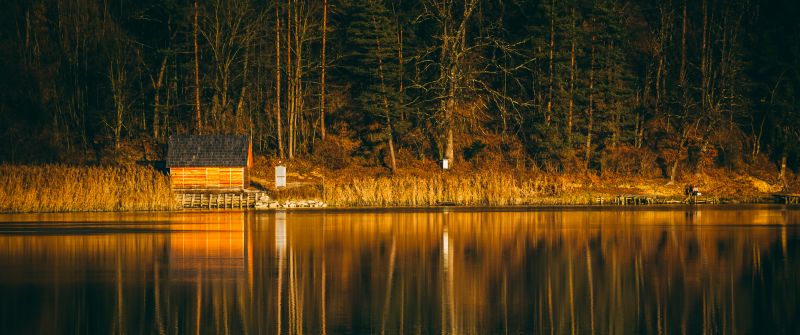 River, Forest, Wooden House, Reflection, Tall Trees, Landscape, Vacation, 5K