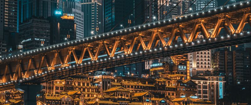 Chongqing, China, City Skyline, Skyscrapers, Night time, City lights, Bridge, 5K, 8K