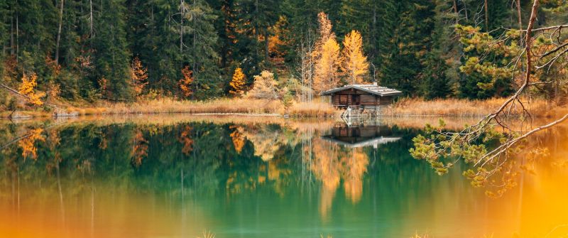 Lake house, Forest, Green Trees, Alpine trees, Reflection, Landscape, Scenery, 5K