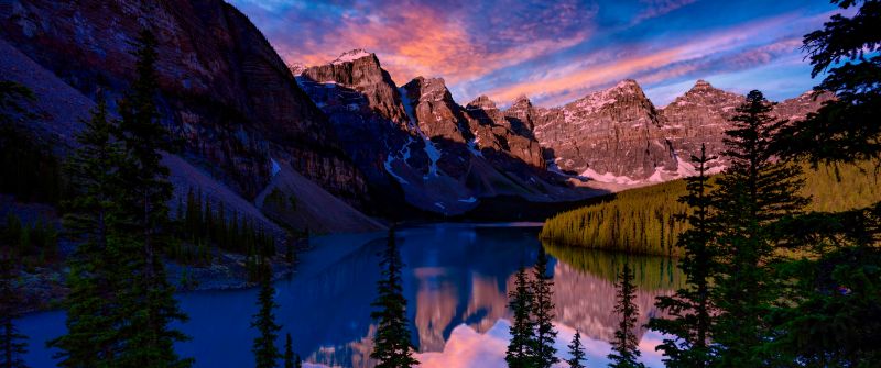 Moraine Lake, Aesthetic, Banff National Park, Valley of the Ten Peaks, Mountain range, Sunset, Alpine trees, Landscape, Scenery, 5K