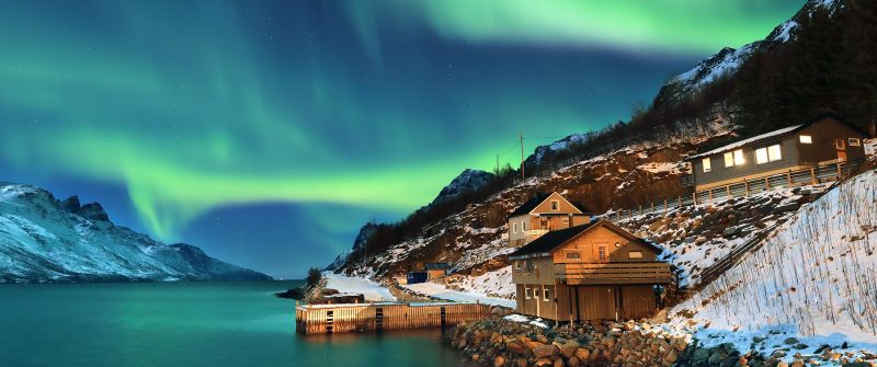 Northern Lights, Scenery, Aurora Borealis, Norway, Night time, Stars, Snow covered, Mountains, Wooden House, Lake, Body of Water, Landscape