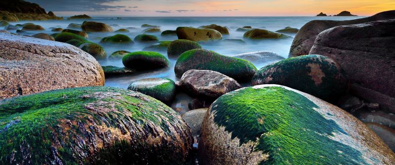 Porth Nanven, Cot Valley, Rocky coast, Beach, Green Moss, Seascape, Long exposure, Horizon, Cloudy Sky, Evening, Landscape, 5K